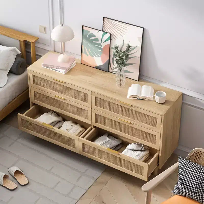 Meuble de rangement 6 tiroirs en rotin de 150 cm de long avec glissières de tiroir blanches, adapté aux chambres, comprend un espace de rangement, naturel
