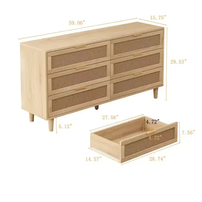 Meuble de rangement 6 tiroirs en rotin de 150 cm de long avec glissières de tiroir blanches, adapté aux chambres, comprend un espace de rangement, naturel