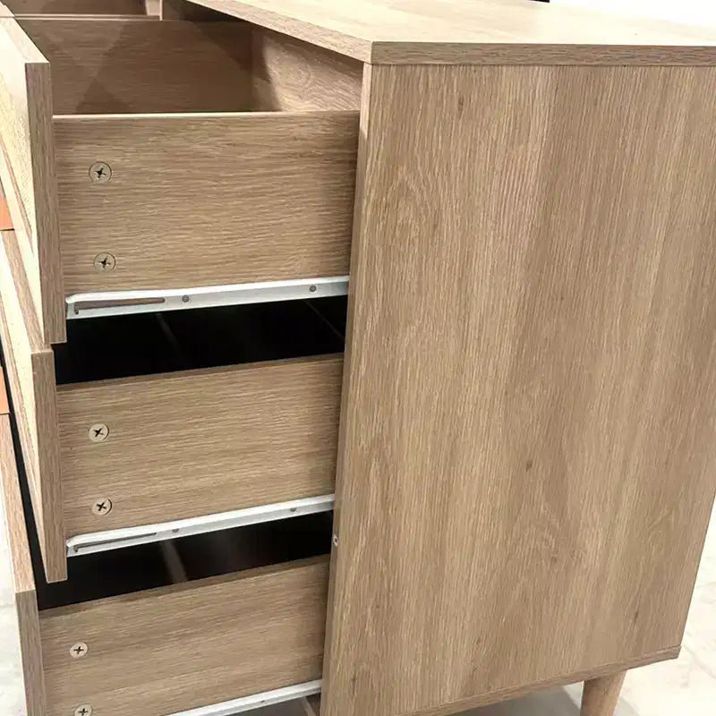 Meuble de rangement 6 tiroirs en rotin de 150 cm de long avec glissières de tiroir blanches, adapté aux chambres, comprend un espace de rangement, naturel