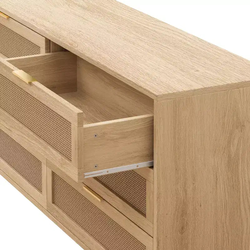 Meuble de rangement 6 tiroirs en rotin de 150 cm de long avec glissières de tiroir blanches, adapté aux chambres, comprend un espace de rangement, naturel