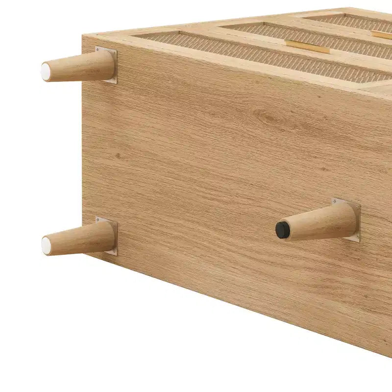 Meuble de rangement 6 tiroirs en rotin de 150 cm de long avec glissières de tiroir blanches, adapté aux chambres, comprend un espace de rangement, naturel
