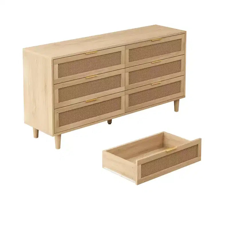 Meuble de rangement 6 tiroirs en rotin de 150 cm de long avec glissières de tiroir blanches, adapté aux chambres, comprend un espace de rangement, naturel
