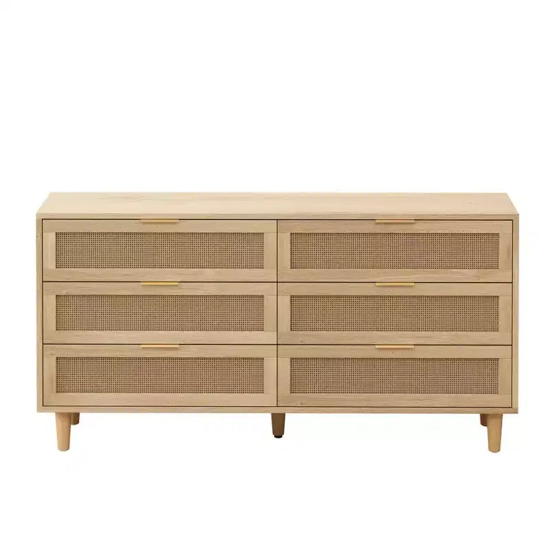 Meuble de rangement 6 tiroirs en rotin de 150 cm de long avec glissières de tiroir blanches, adapté aux chambres, comprend un espace de rangement, naturel