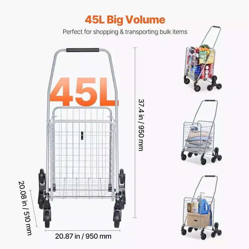 Chariot de rangement d'escalade 45L, roues pivotantes à 360°, roues triples, chariot utilitaire léger pliable pour la lessive et les voyages, argent