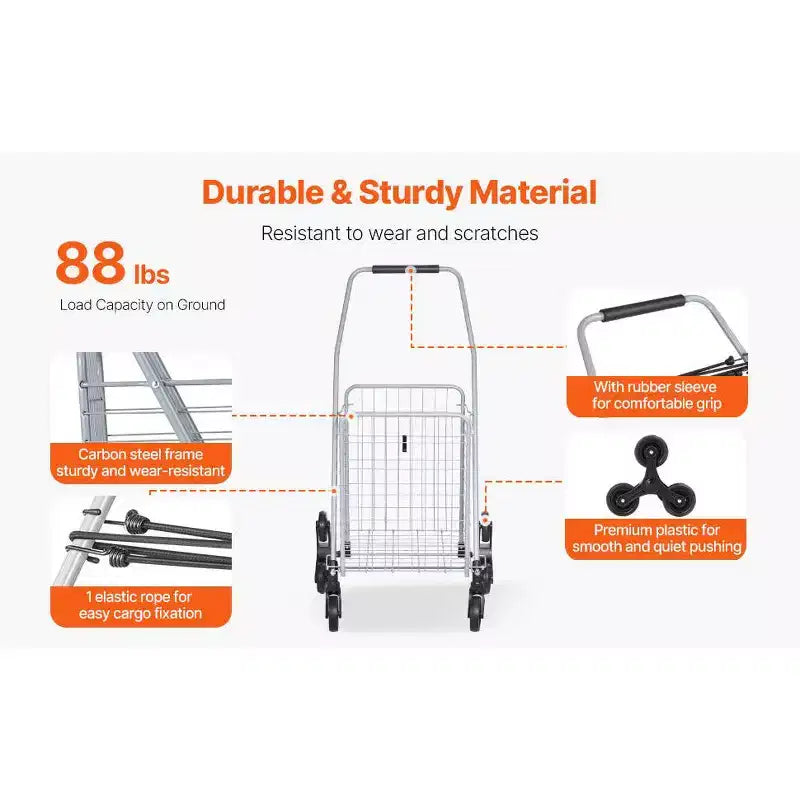 Chariot de rangement d'escalade 45L, roues pivotantes à 360°, roues triples, chariot utilitaire léger pliable pour la lessive et les voyages, argent