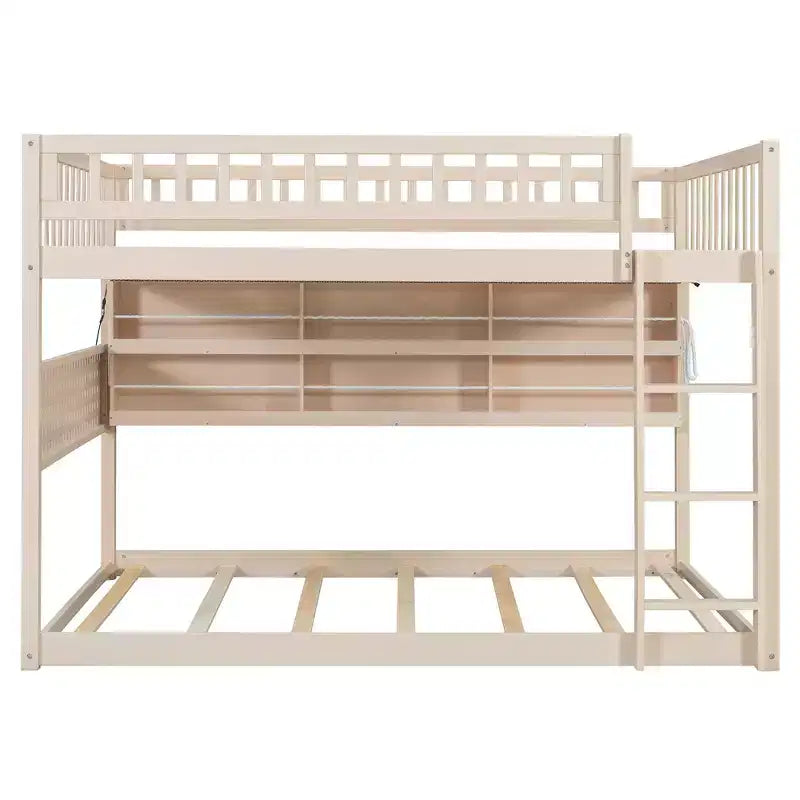 Full Over Full Modern Low Bunk Bed With Storage Lighted Shelves And Pegboard
