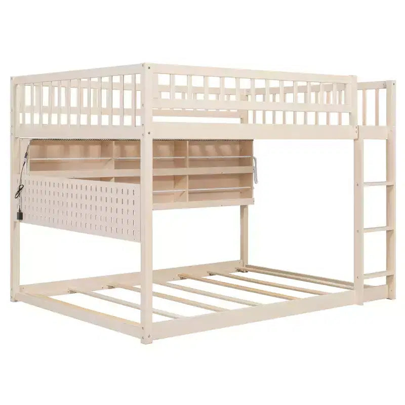 Full Over Full Modern Low Bunk Bed With Storage Lighted Shelves And Pegboard