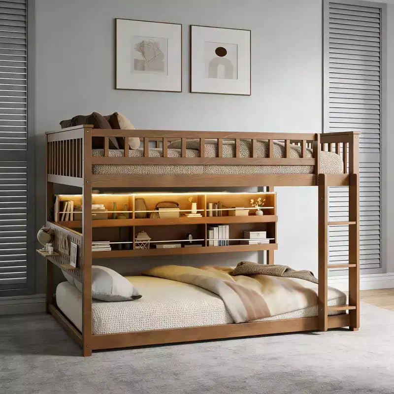 Full Over Full Modern Low Bunk Bed With Storage Lighted Shelves And Pegboard