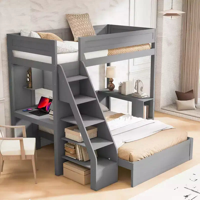 Twin XL Over Full Bed & Bed Frame with Desk and USB
