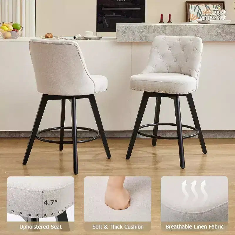 Lot de 4 chaises de salle à manger en bois, tabourets de bar pivotants modernes avec dossier et pieds en bois, tabourets de bar rembourrés pour îlot de cuisine et bar à la maison