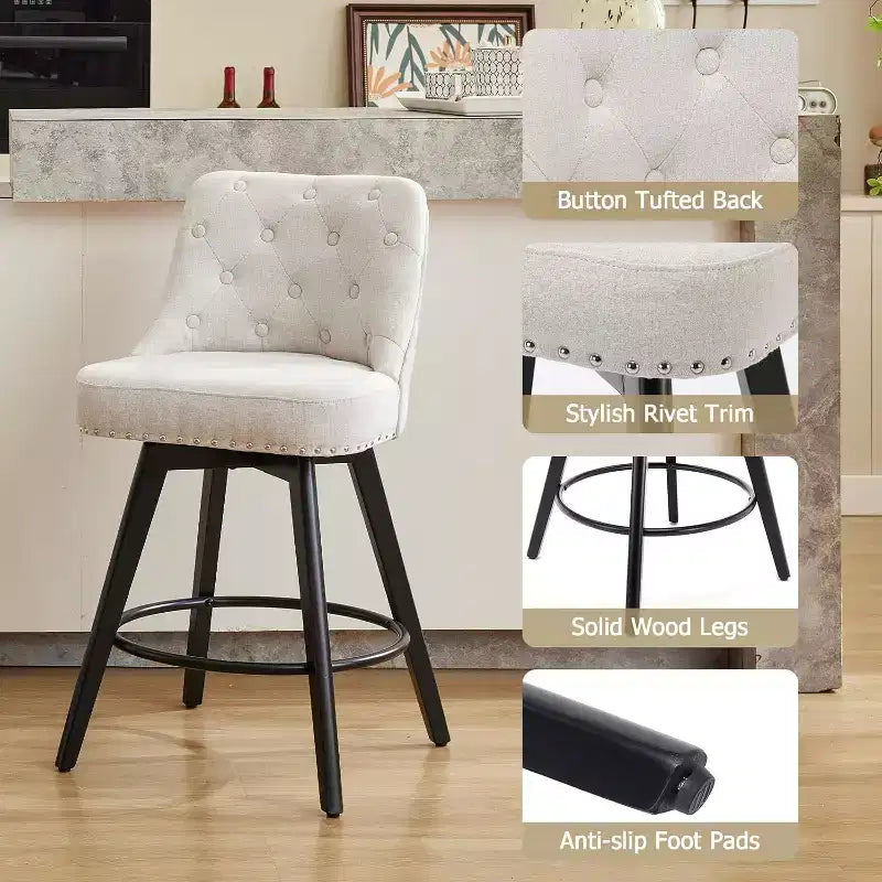 Lot de 4 chaises de salle à manger en bois, tabourets de bar pivotants modernes avec dossier et pieds en bois, tabourets de bar rembourrés pour îlot de cuisine et bar à la maison