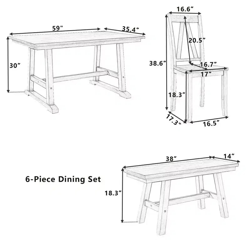 Table de Salle à Manger 6 Pièces en Bois pour 6 Personnes, Table de Cuisine Rectangulaire et 4 Chaises Latérales, Long Banc