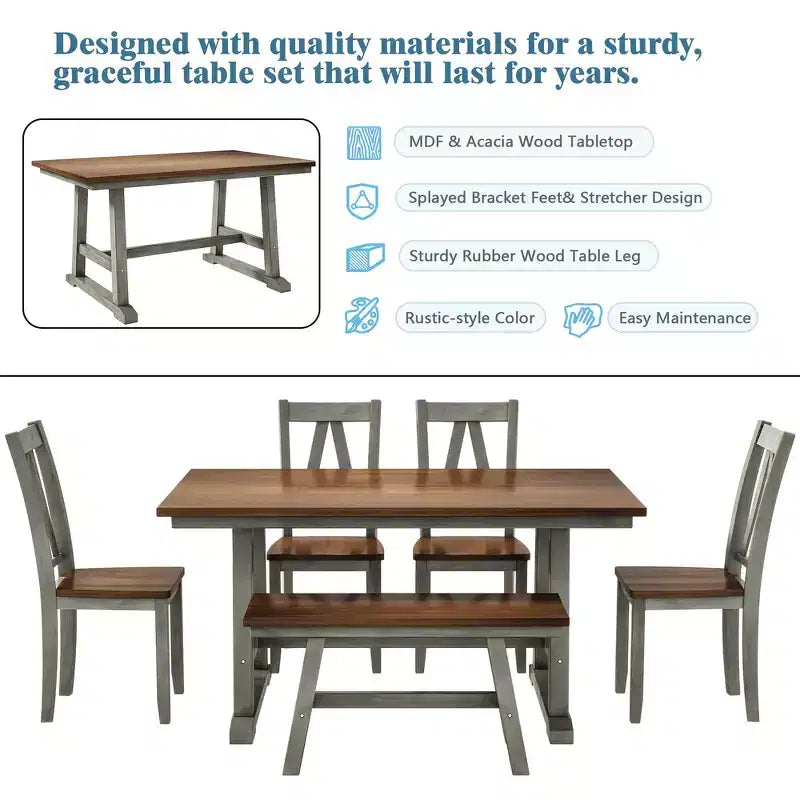 Table de Salle à Manger 6 Pièces en Bois pour 6 Personnes, Table de Cuisine Rectangulaire et 4 Chaises Latérales, Long Banc