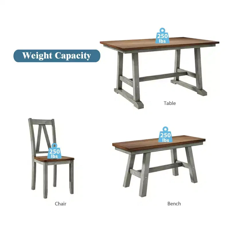 Table de Salle à Manger 6 Pièces en Bois pour 6 Personnes, Table de Cuisine Rectangulaire et 4 Chaises Latérales, Long Banc