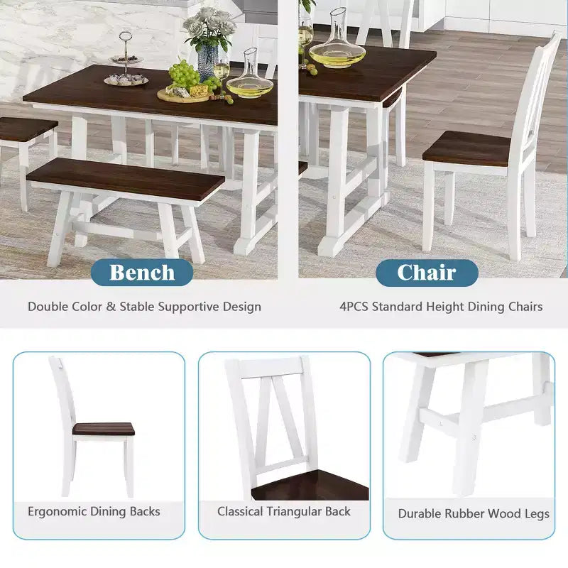Table de Salle à Manger 6 Pièces en Bois pour 6 Personnes, Table de Cuisine Rectangulaire et 4 Chaises Latérales, Long Banc