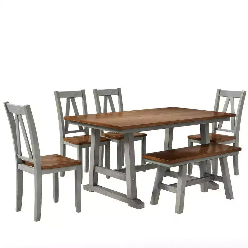 Table de Salle à Manger 6 Pièces en Bois pour 6 Personnes, Table de Cuisine Rectangulaire et 4 Chaises Latérales, Long Banc