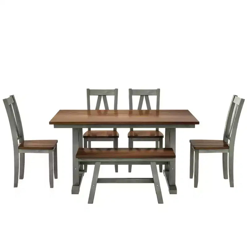 Table de Salle à Manger 6 Pièces en Bois pour 6 Personnes, Table de Cuisine Rectangulaire et 4 Chaises Latérales, Long Banc