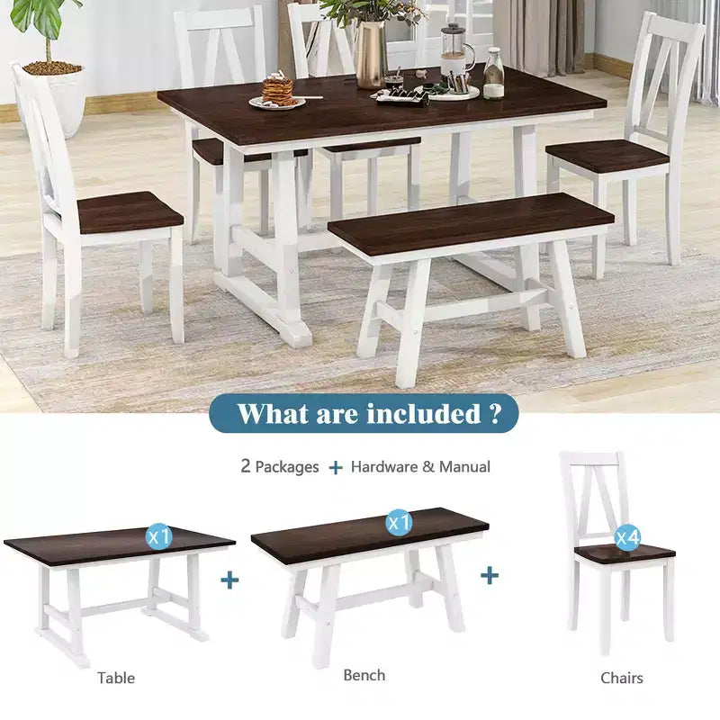 Table de Salle à Manger 6 Pièces en Bois pour 6 Personnes, Table de Cuisine Rectangulaire et 4 Chaises Latérales, Long Banc
