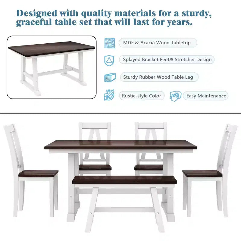 Table de Salle à Manger 6 Pièces en Bois pour 6 Personnes, Table de Cuisine Rectangulaire et 4 Chaises Latérales, Long Banc