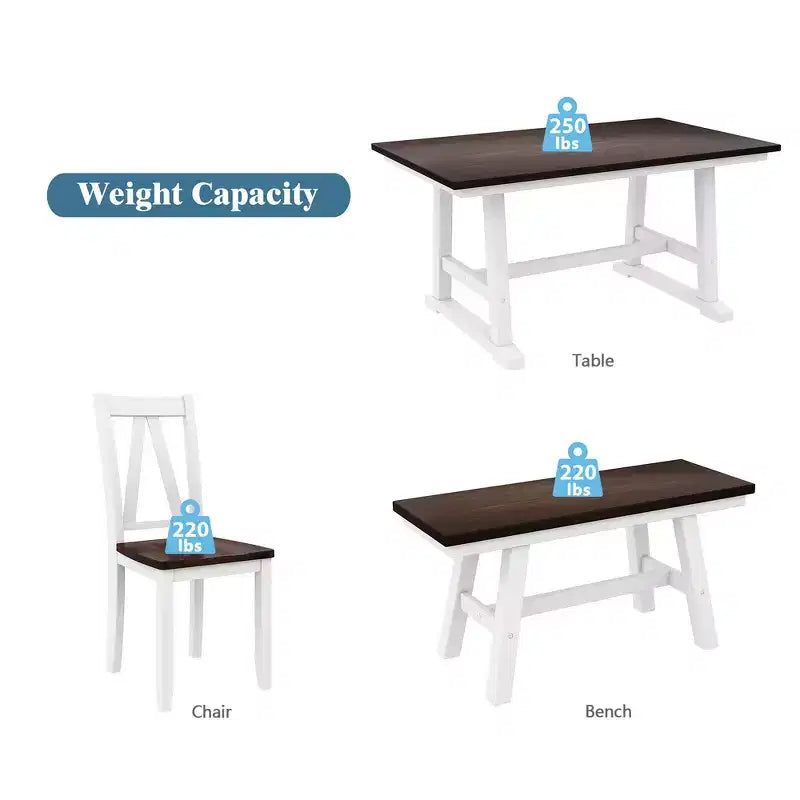 Table de Salle à Manger 6 Pièces en Bois pour 6 Personnes, Table de Cuisine Rectangulaire et 4 Chaises Latérales, Long Banc