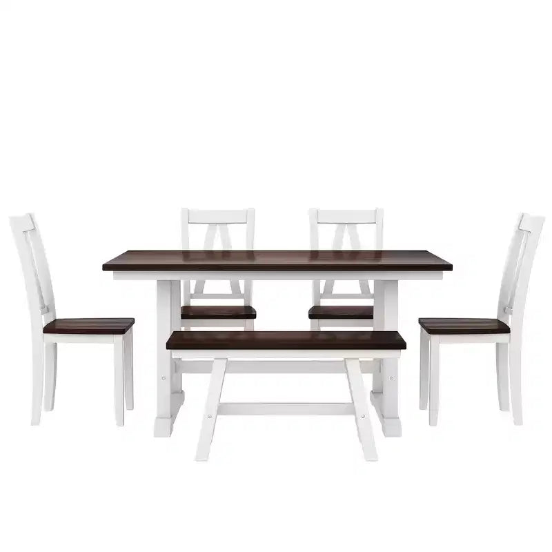Table de Salle à Manger 6 Pièces en Bois pour 6 Personnes, Table de Cuisine Rectangulaire et 4 Chaises Latérales, Long Banc