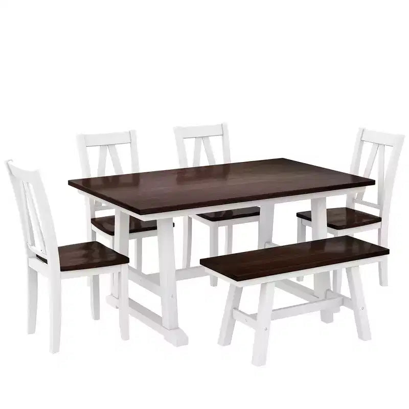 Table de Salle à Manger 6 Pièces en Bois pour 6 Personnes, Table de Cuisine Rectangulaire et 4 Chaises Latérales, Long Banc