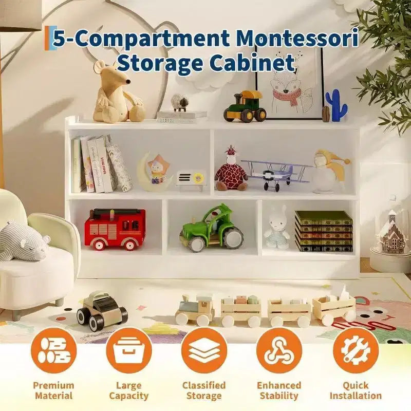 Organisateur de rangement de jouets en bois, rangement à 5 compartiments pour salle de classe pour organiser livres et jouets, étagère simple pour salle de jeux
