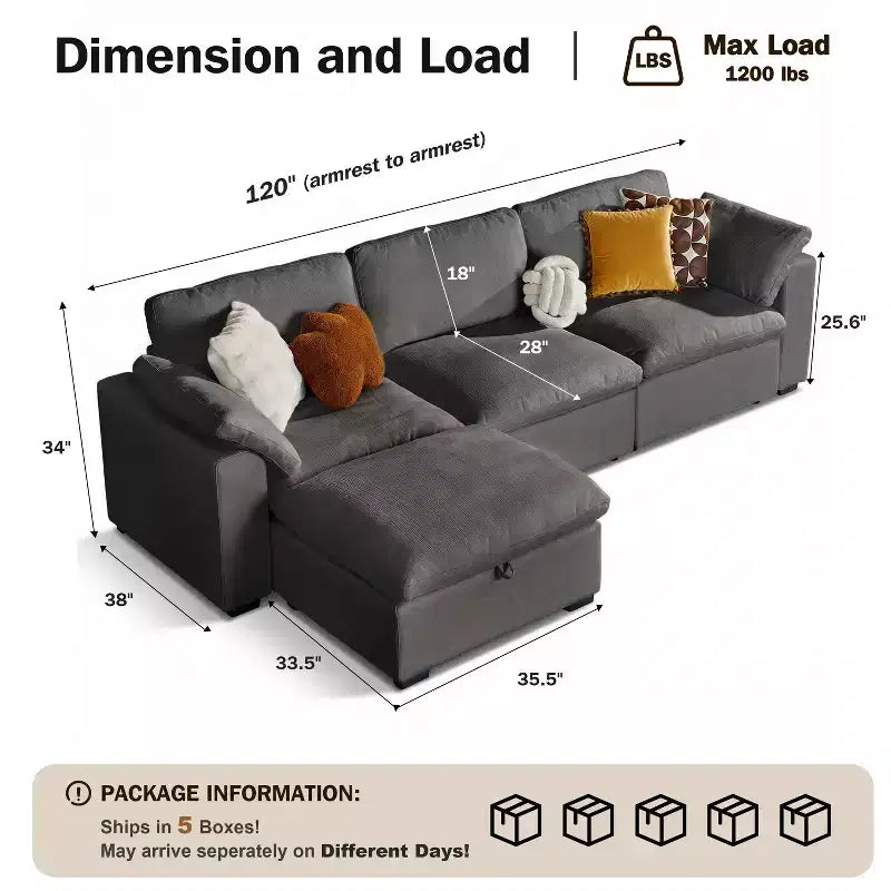 Grand canapé sectionnel modulaire Cloud pour salon, canapé confortable en duvet à assise large et profonde, structure en bois massif, assemblage sans outils