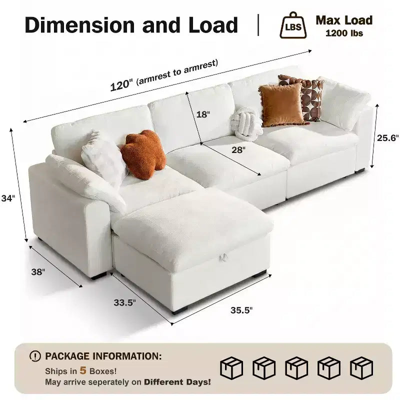 Grand canapé sectionnel modulaire Cloud pour salon, canapé confortable en duvet à assise large et profonde, structure en bois massif, assemblage sans outils