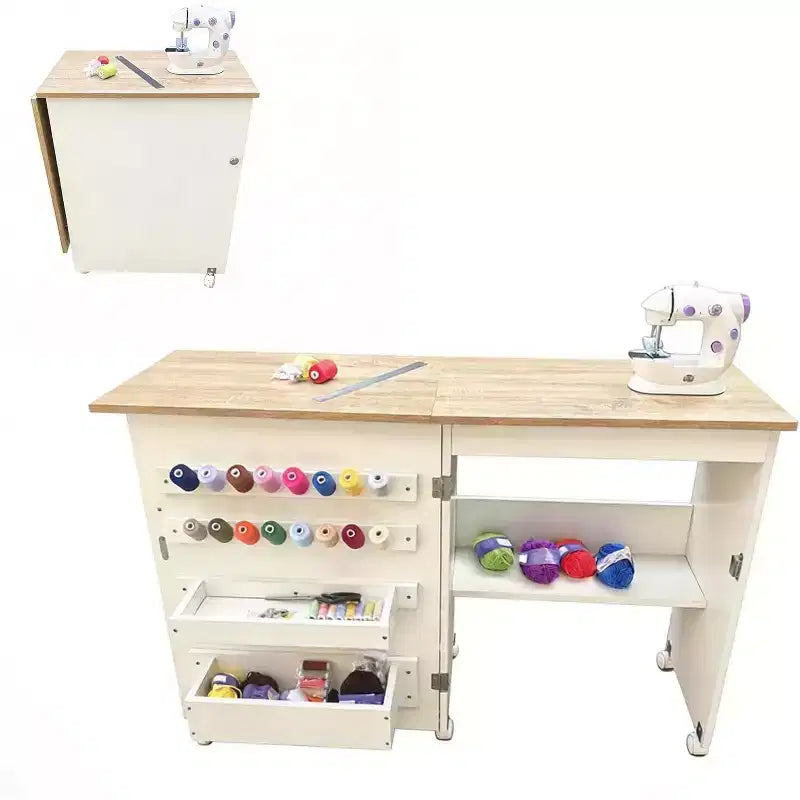 Table à coudre pliante, Table pour machine à coudre multifonctionnelle avec design compact, roulettes, étagères, plateaux de rangement, chevilles en bois et portes magnétiques
