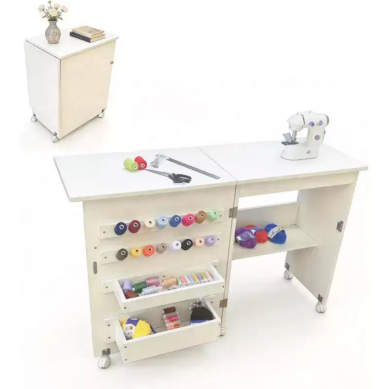 Table à coudre pliante, Table pour machine à coudre multifonctionnelle avec design compact, roulettes, étagères, plateaux de rangement, chevilles en bois et portes magnétiques