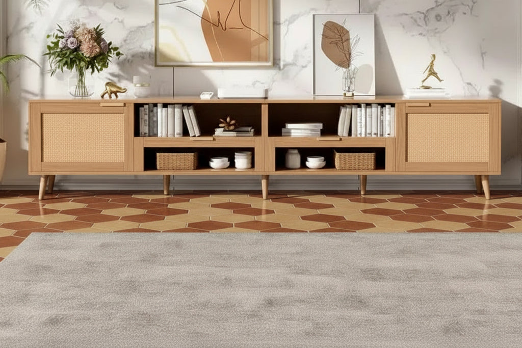 Meuble TV en rotin pour téléviseurs jusqu'à 90 pouces, console multimédia de style Bohème Ferme avec rangements, meuble de divertissement pour salon