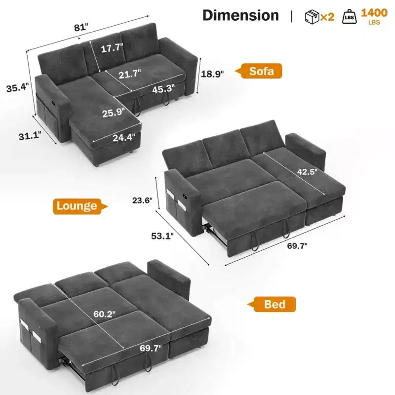 Canapé-lit convertible 2-en-1 avec méridienne de rangement, sectionnel en chenille avec ports USB pour salon