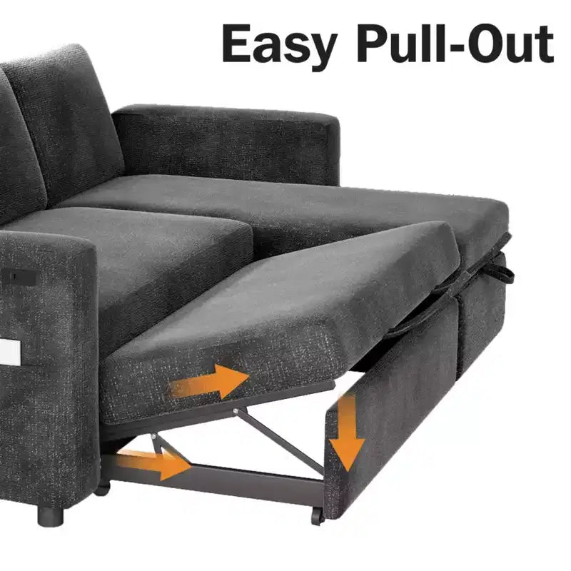 Canapé-lit convertible 2-en-1 avec méridienne de rangement, sectionnel en chenille avec ports USB pour salon
