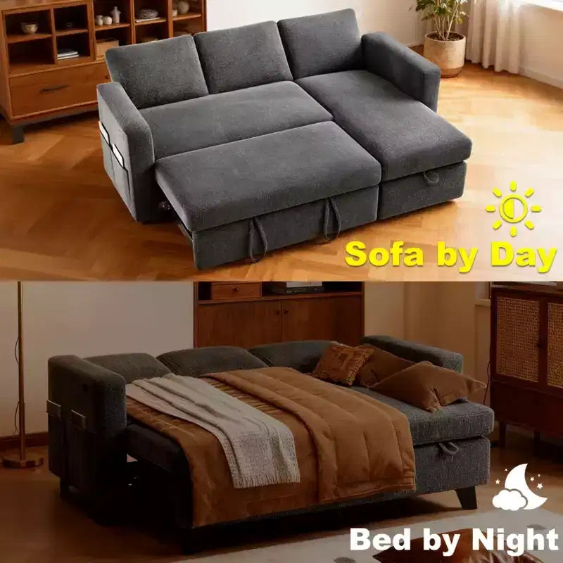 Canapé-lit convertible 2-en-1 avec méridienne de rangement, sectionnel en chenille avec ports USB pour salon
