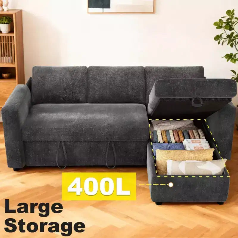 Canapé-lit convertible 2-en-1 avec méridienne de rangement, sectionnel en chenille avec ports USB pour salon