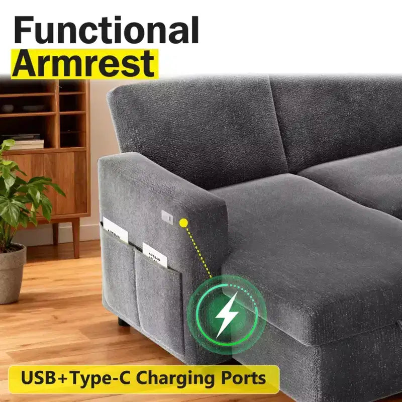 Canapé-lit convertible 2-en-1 avec méridienne de rangement, sectionnel en chenille avec ports USB pour salon