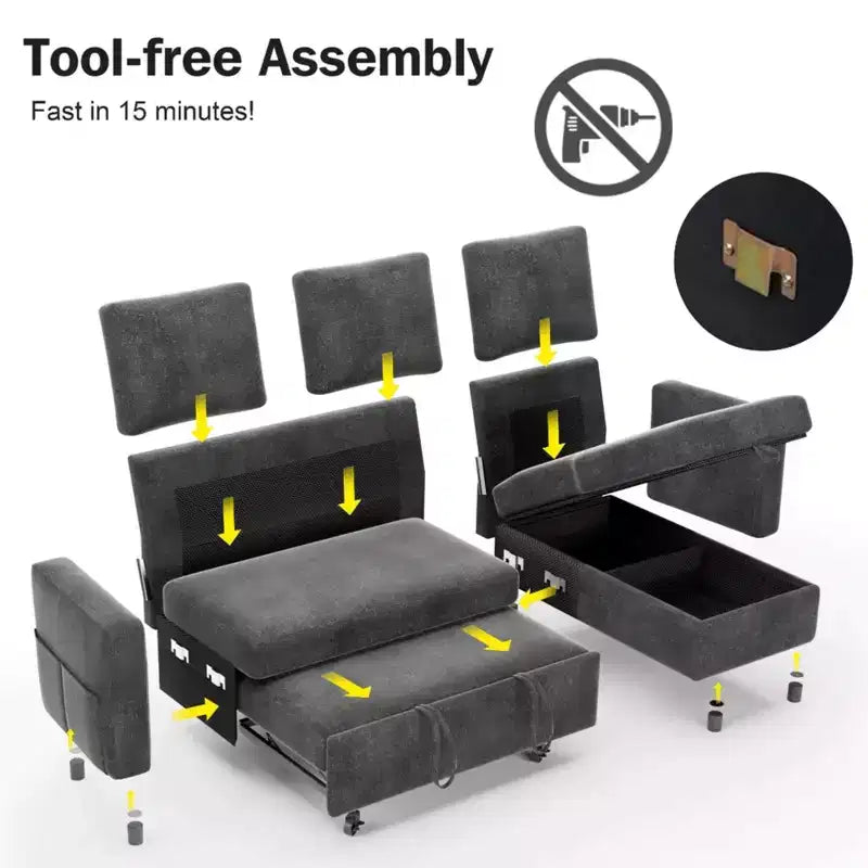 Canapé-lit convertible 2-en-1 avec méridienne de rangement, sectionnel en chenille avec ports USB pour salon