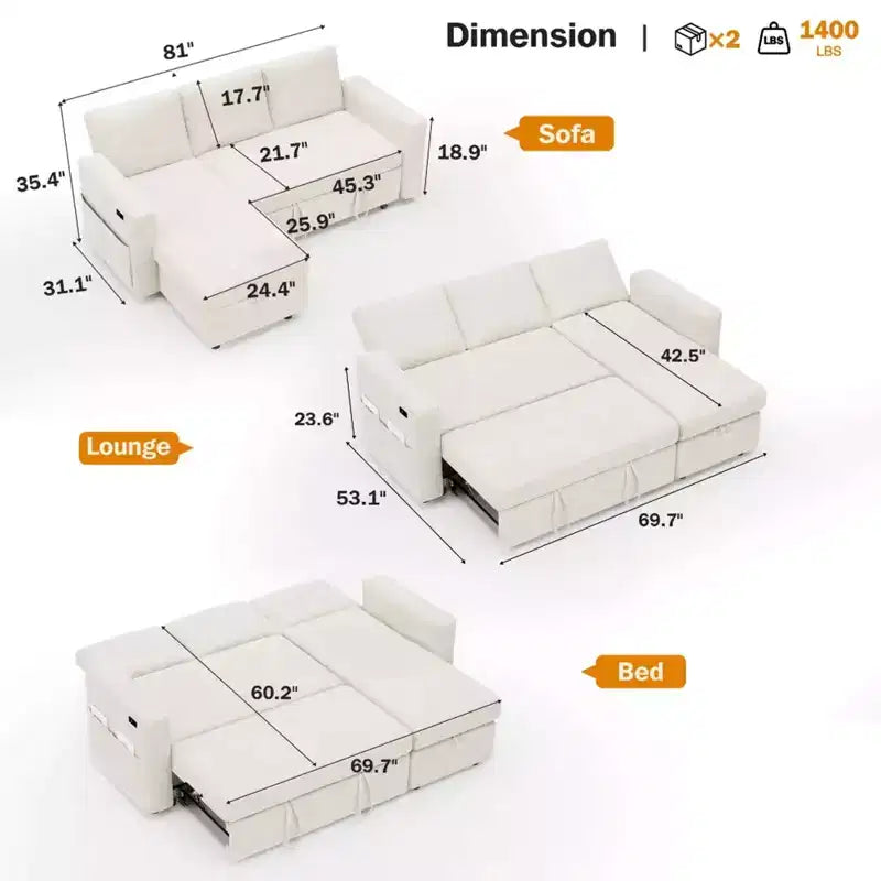 Canapé-lit convertible 2-en-1 avec méridienne de rangement, sectionnel en chenille avec ports USB pour salon