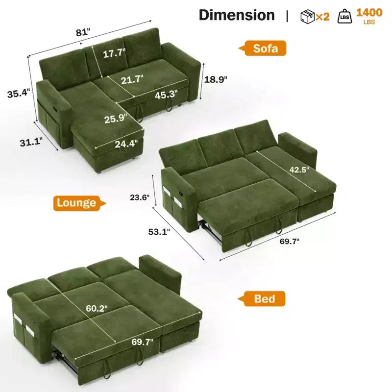 Canapé-lit convertible 2-en-1 avec méridienne de rangement, sectionnel en chenille avec ports USB pour salon