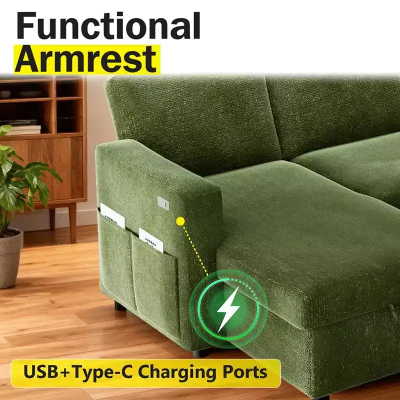 Canapé-lit convertible 2-en-1 avec méridienne de rangement, sectionnel en chenille avec ports USB pour salon