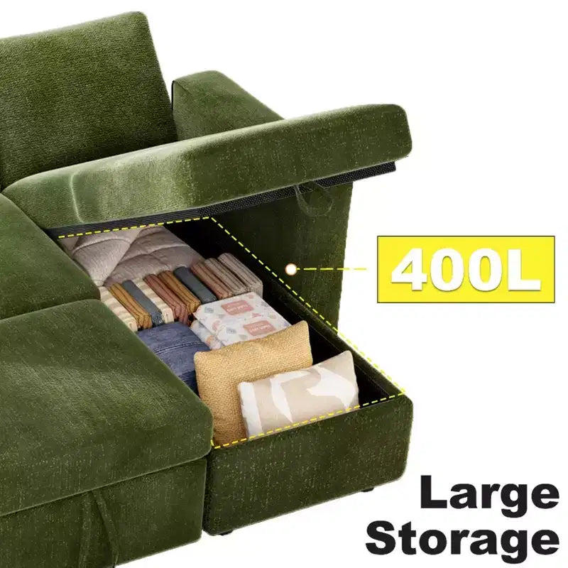 Canapé-lit convertible 2-en-1 avec méridienne de rangement, sectionnel en chenille avec ports USB pour salon