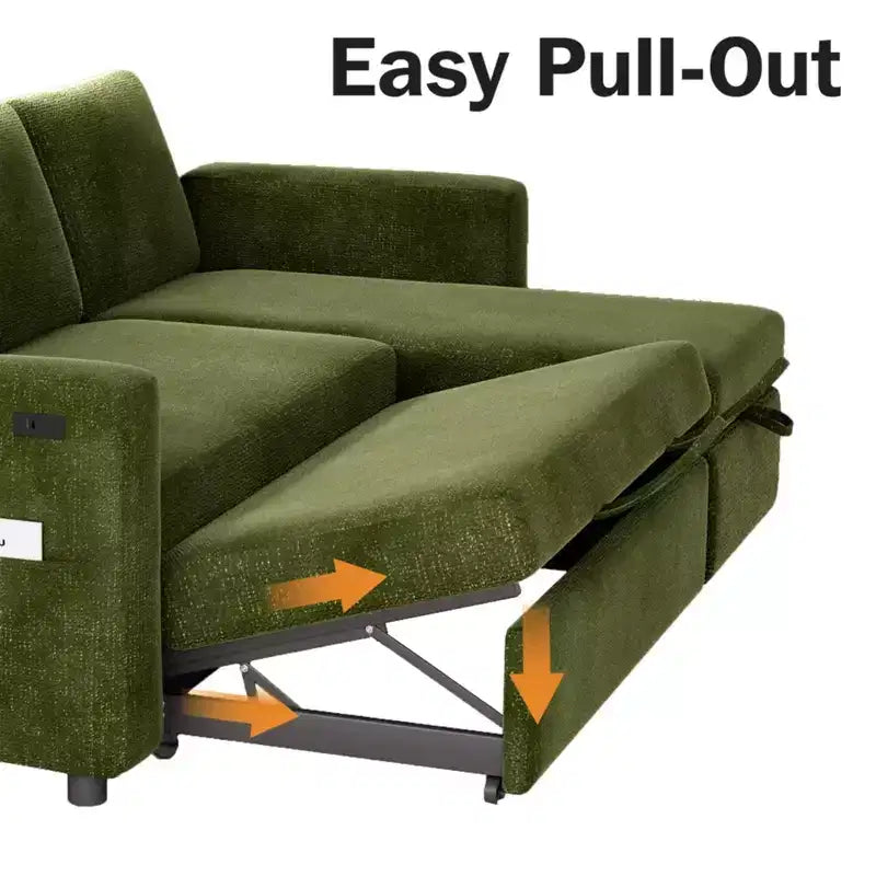 Canapé-lit convertible 2-en-1 avec méridienne de rangement, sectionnel en chenille avec ports USB pour salon