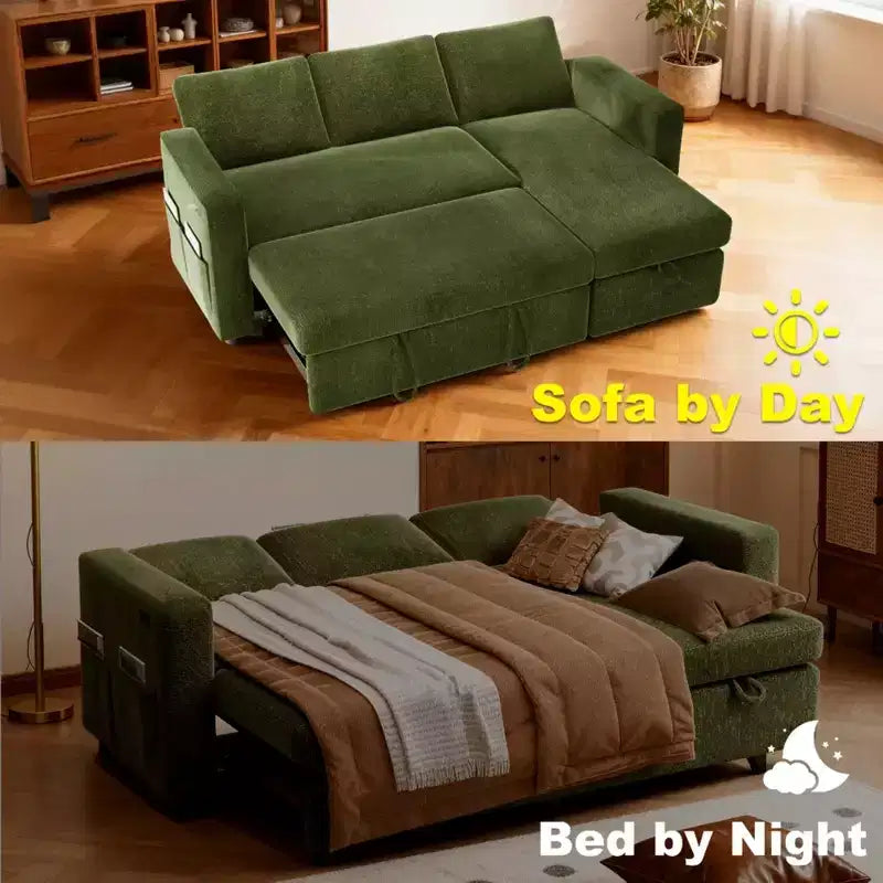 Canapé-lit convertible 2-en-1 avec méridienne de rangement, sectionnel en chenille avec ports USB pour salon