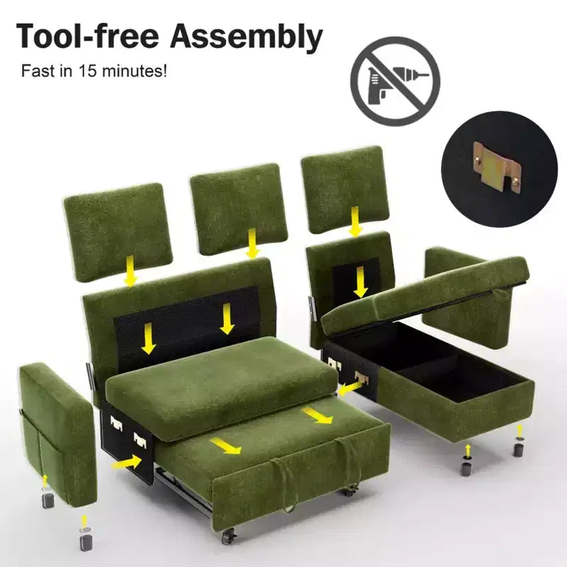 Canapé-lit convertible 2-en-1 avec méridienne de rangement, sectionnel en chenille avec ports USB pour salon