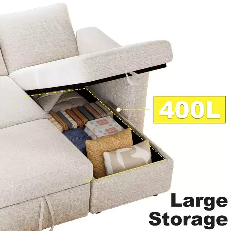 Canapé-lit convertible 2-en-1 avec méridienne de rangement, sectionnel en chenille avec ports USB pour salon