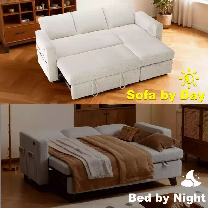 Canapé-lit convertible 2-en-1 avec méridienne de rangement, sectionnel en chenille avec ports USB pour salon