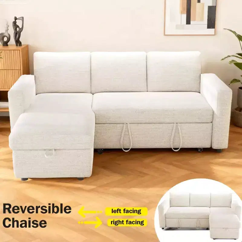 Canapé-lit convertible 2-en-1 avec méridienne de rangement, sectionnel en chenille avec ports USB pour salon