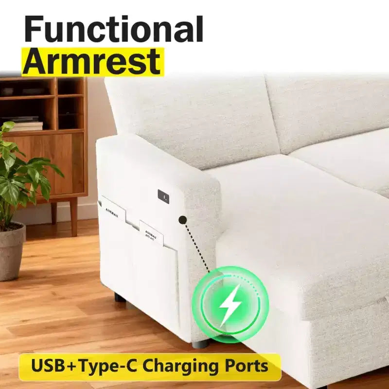 Canapé-lit convertible 2-en-1 avec méridienne de rangement, sectionnel en chenille avec ports USB pour salon