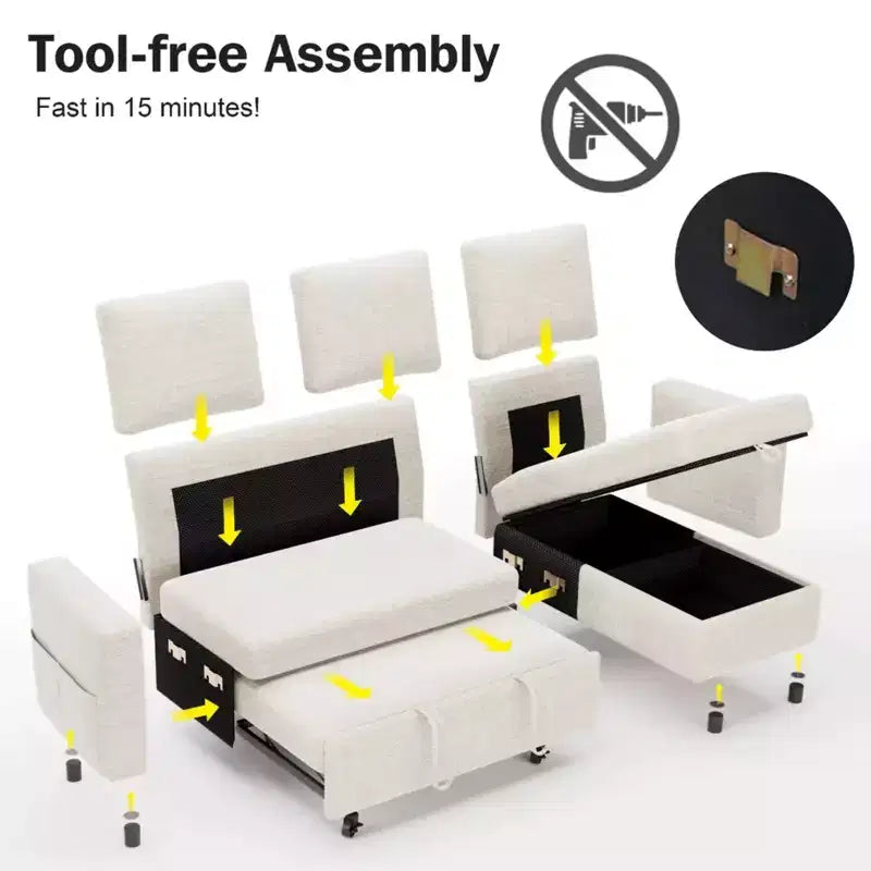 Canapé-lit convertible 2-en-1 avec méridienne de rangement, sectionnel en chenille avec ports USB pour salon